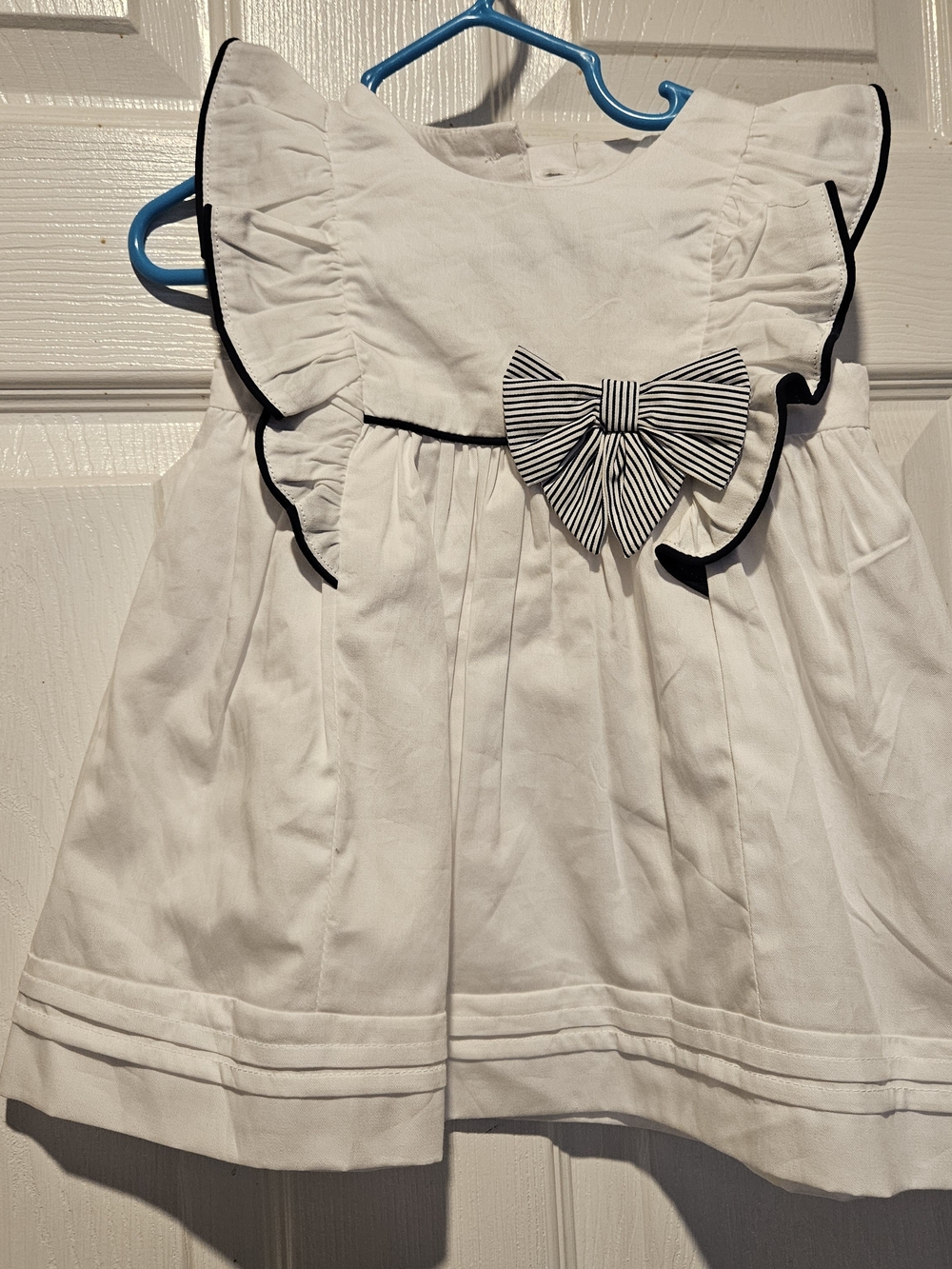 Matalan White Girls' Ruffle Dress with Navy Trim and Bow 6-9 Months